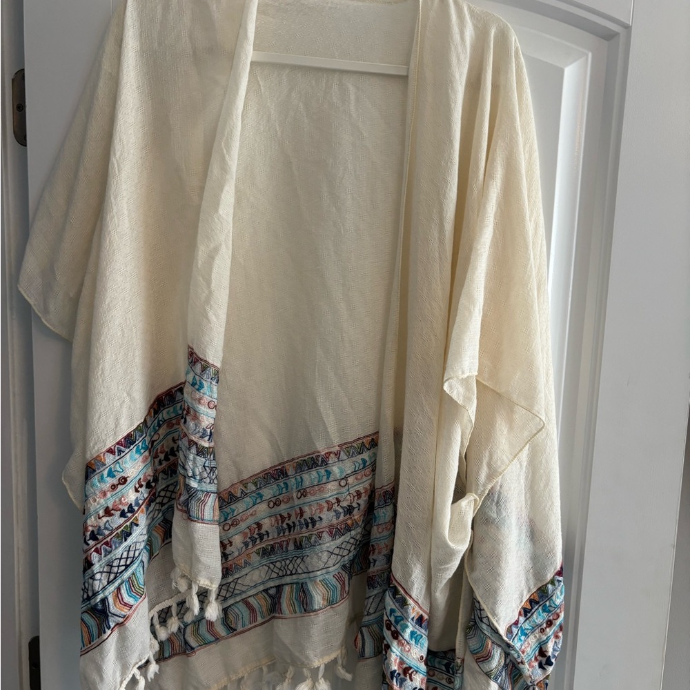 Cream Embroidered Fringe Throw Shawl - Home Accents